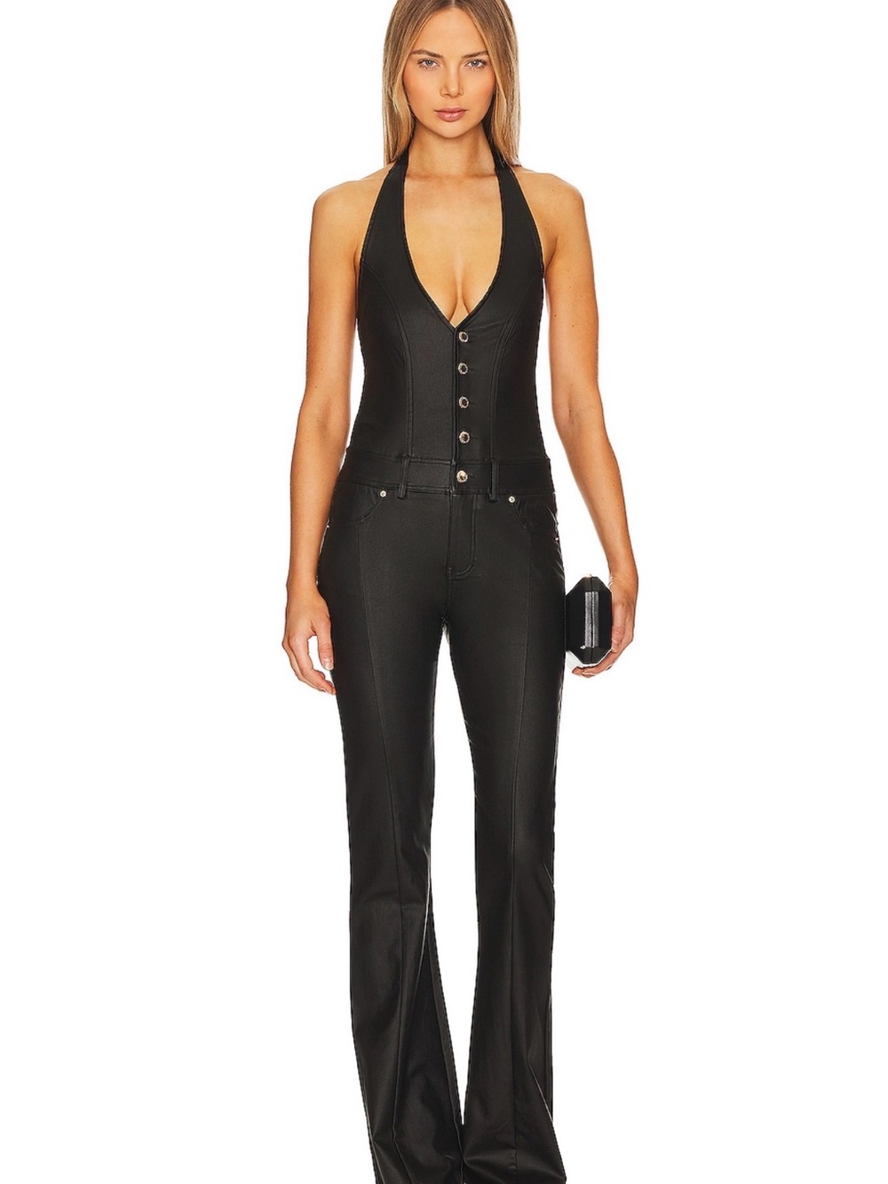 Retrofete Cynthia Black Halter Button-Front Jumpsuit in coated black